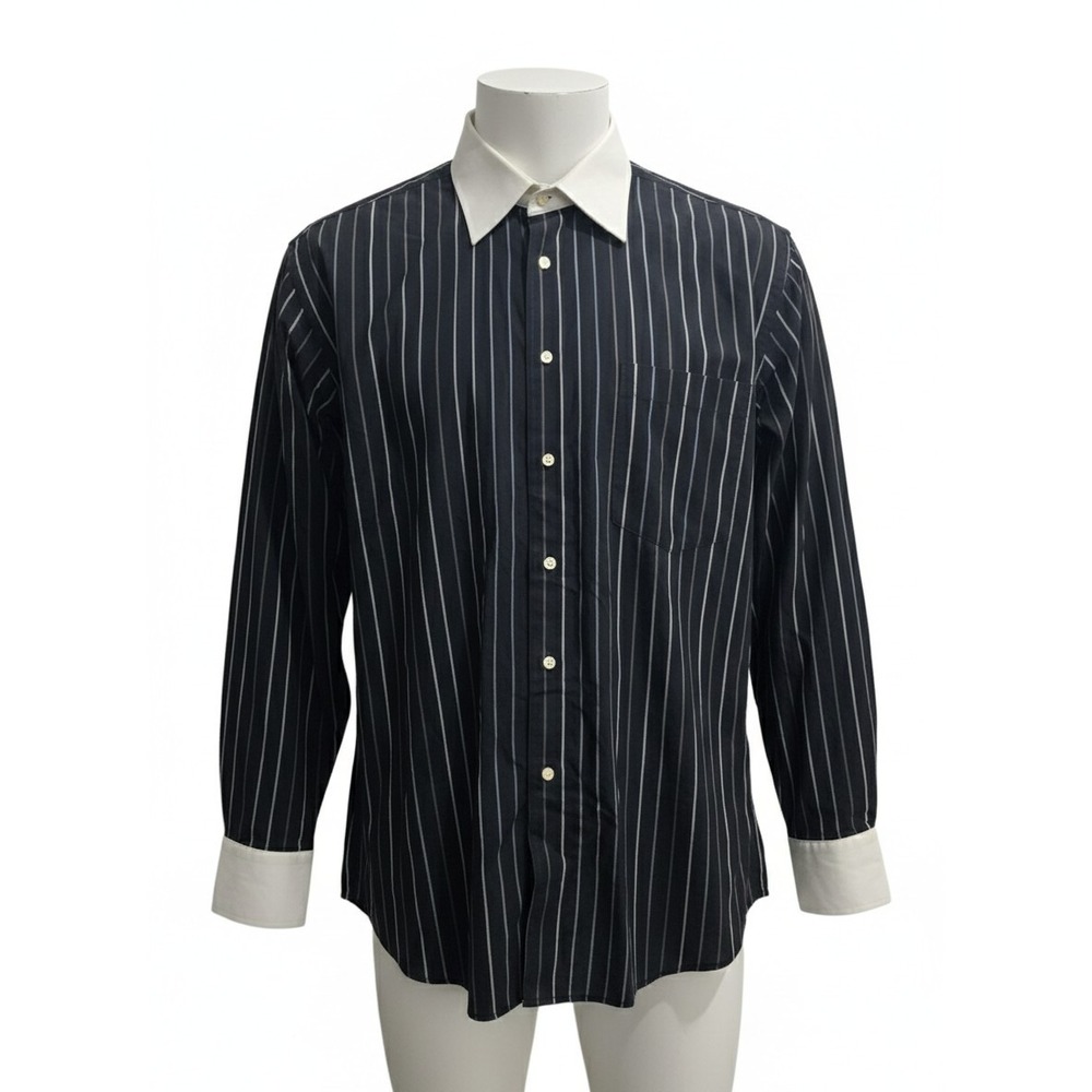 Fumagalli's Men's Striped Dress Shirt - Navy/White Contrast Collar - Size 17‎